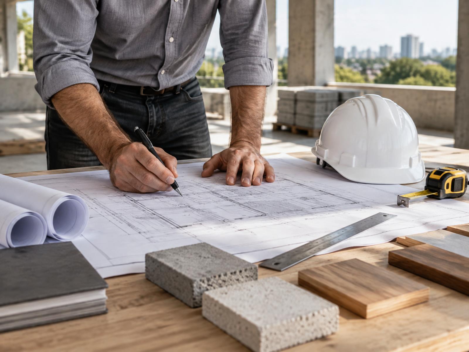 Engenheiro analisando projeto, medidas e materiais