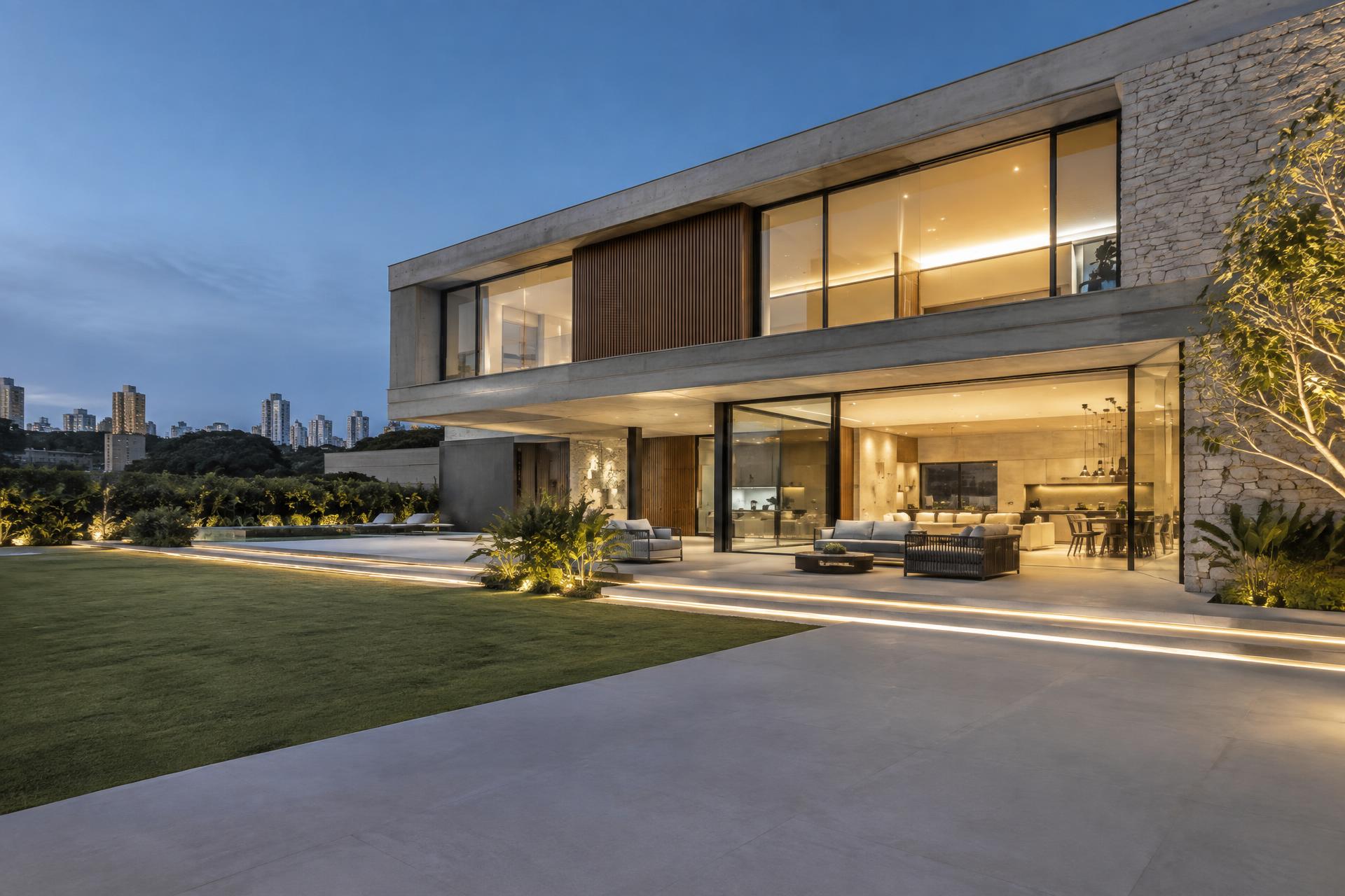 Residência contemporânea finalizada ao entardecer