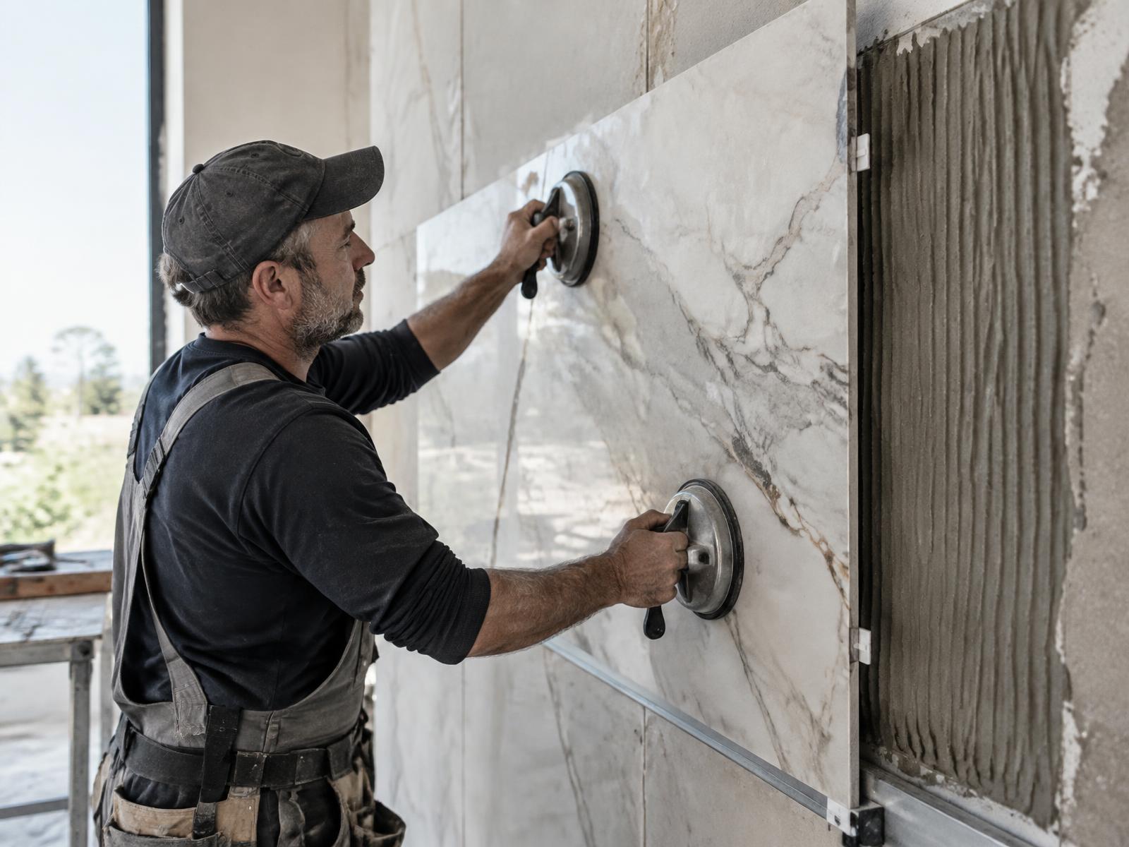 Profissional instalando revestimento de grande formato