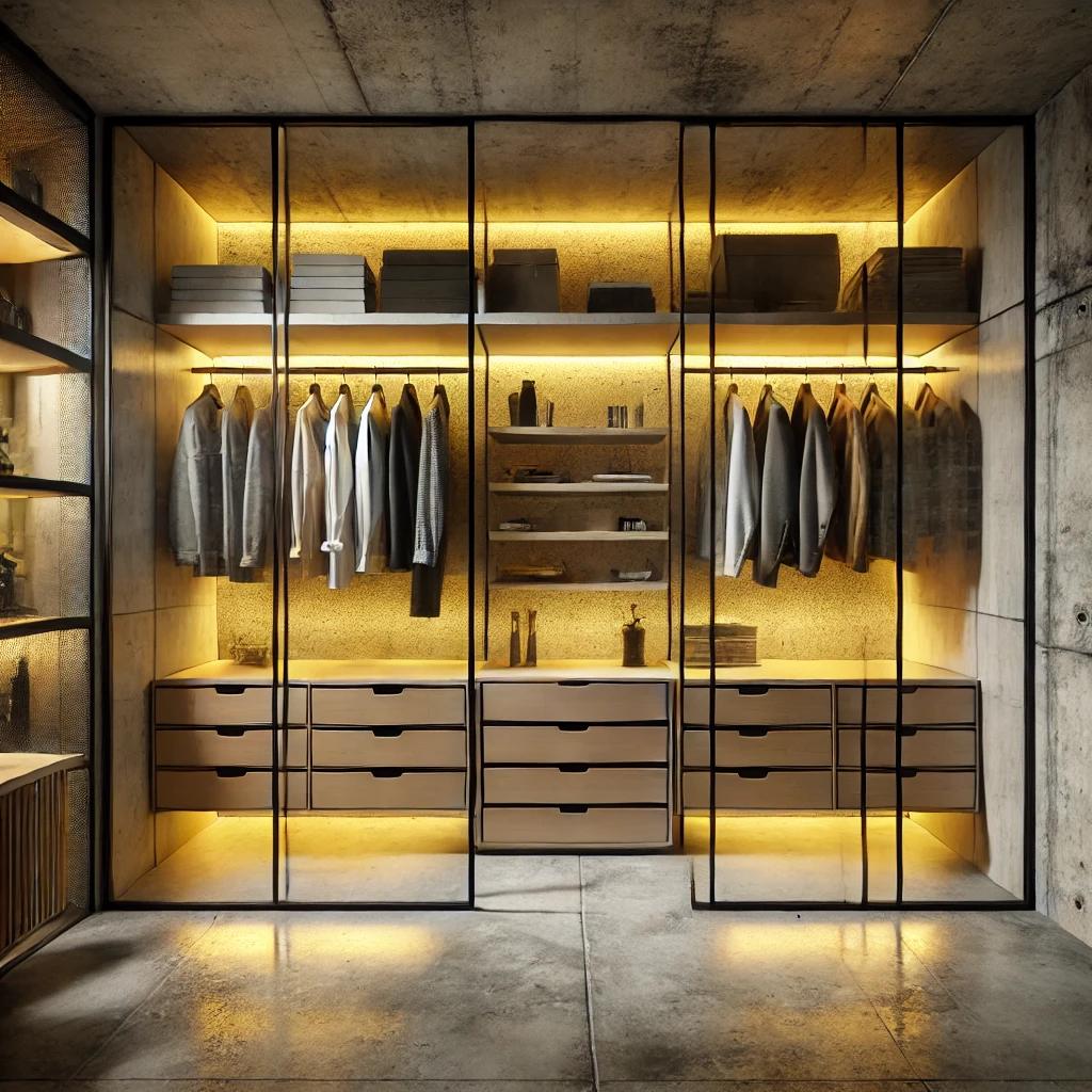 Closet contemporâneo com portas de vidro e iluminação integrada