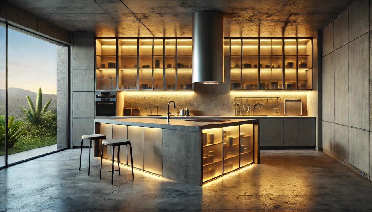 Cozinha contemporânea com concreto, vidro e iluminação embutida